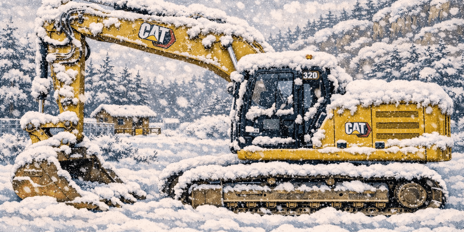 Idle excavator in snow — equipment that earned money sitting unused while invoices go unpaid